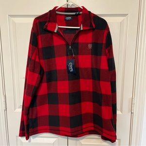 Men's CHAPS 1/4 Zip Pullover Brushed Fleece Sweater Red Checks Buffalo Plaid
